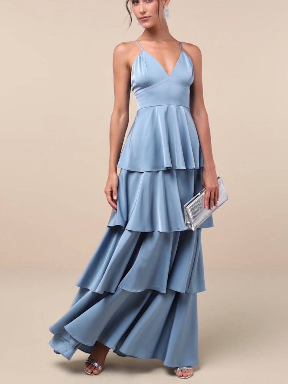 NWT Lulus Going with Elegance Slate Blue Satin Tiered Gown